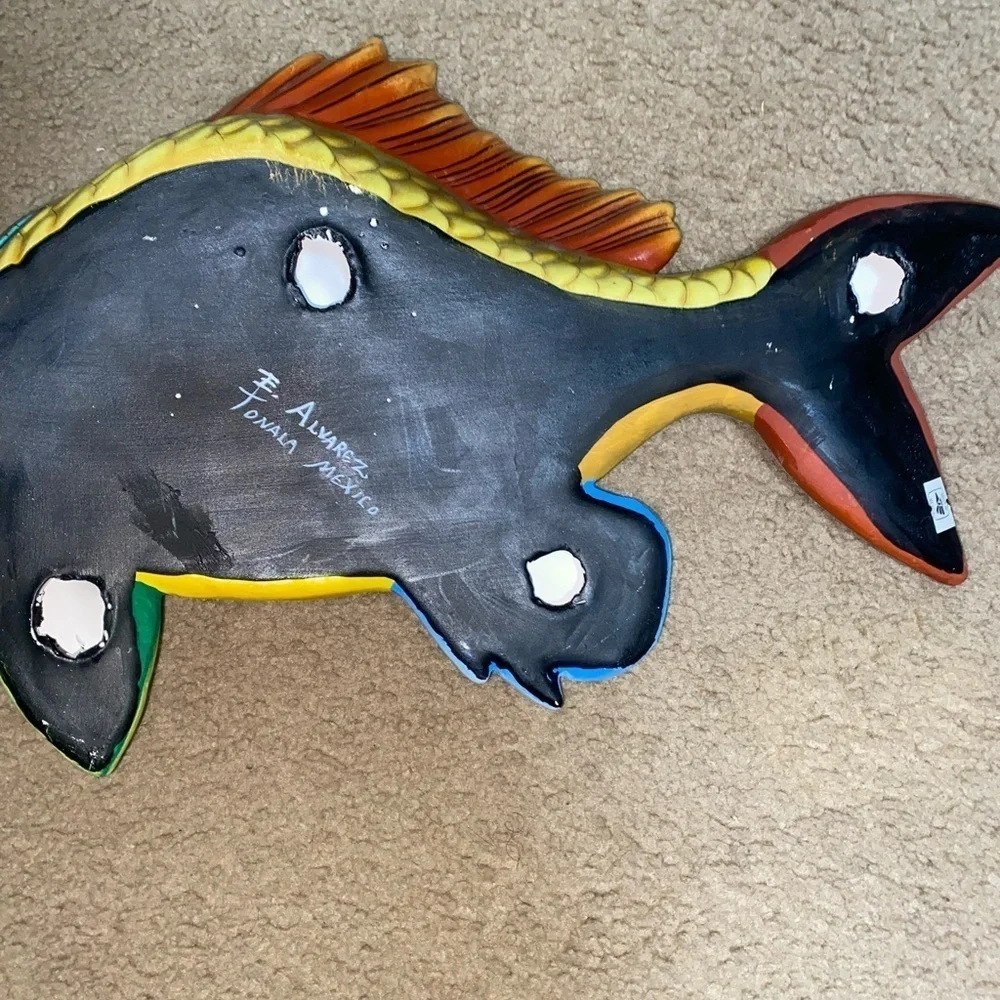 Vtg Tonala Mexico Hand Painted Ceramic Tropical Fish Wall Decor Signed E Alvarez